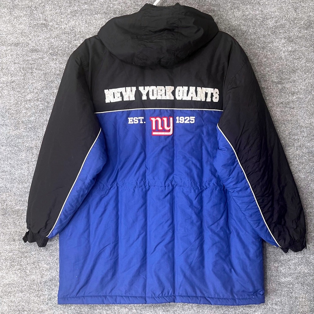 Vintage New York Giants NFL Hooded Parka Jacket Blue Black Mens XXL Puffer Coat
